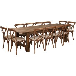 Flash Furniture Hercules Series 9′ x 40” Antique Rustic Folding Farm Table Set with 12 Cross Back Chairs and Cushions