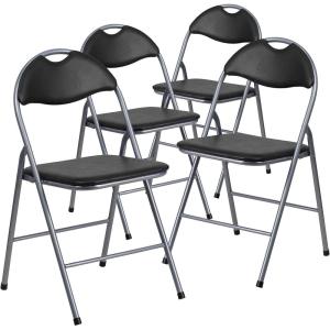 Flash Furniture Hercules Series Metal Folding Chairs with Carrying Handle, Vinyl Upholstered Padded Event Chair, Set of 4, Black(Set of 4)