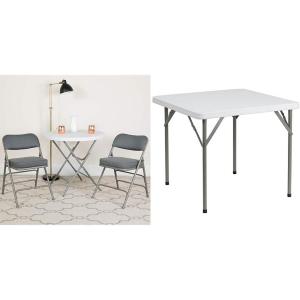 Flash Furniture Hercules Series Metal Folding Chairs with Padded Seats | Set of 4 Gray Metal Folding Chairs & Madelyn Folding Card Table – Black Foldable Card Table Square(Gray Fabric/Gray Frame)
