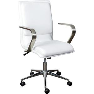 Flash Furniture James Mid-Back Designer Executive Office Chair – White LeatherSoft Upholstery – Brushed Gold Base and Arms – Height Adjustable 360° Swivel Seat(White/Chrome)