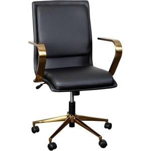 Flash Furniture James Mid-Back Designer Executive Office Chair – White LeatherSoft Upholstery – Brushed Gold Base and Arms – Height Adjustable 360° Swivel Seat(Black/Gold)