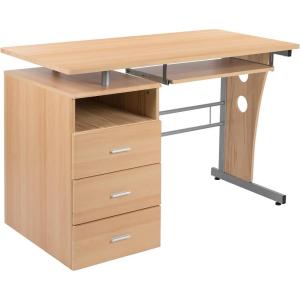 Flash Furniture Joshua White Desk with Three Drawer Pedestal and Pull-Out Keyboard Tray(Maple)