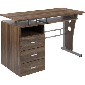 Flash Furniture Joshua White Desk with Three Drawer Pedestal and Pull-Out Keyboard Tray(Rustic Walnut)