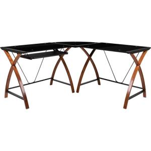 Flash Furniture Jude Black Glass L-Shape Corner Computer Desk with Pull-Out Keyboard Tray(Black)