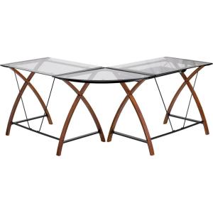 Flash Furniture Jude Black Glass L-Shape Corner Computer Desk with Pull-Out Keyboard Tray(Clear/Cherry)
