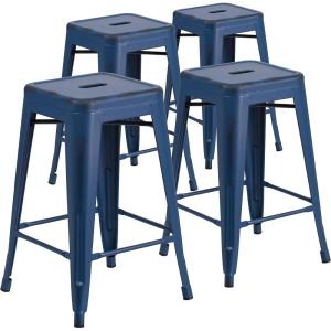 Flash Furniture Kai Commercial Grade 24″ High Backless Black Metal Indoor-Outdoor Counter Height Stool with Square Seat(Antique Blue)