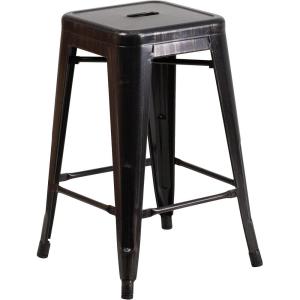 Flash Furniture Kai Commercial Grade 24″ High Backless Black Metal Indoor-Outdoor Counter Height Stool with Square Seat(Black-antique Gold)