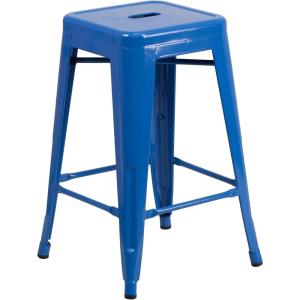 Flash Furniture Kai Commercial Grade 24″ High Backless Black Metal Indoor-Outdoor Counter Height Stool with Square Seat(Blue)