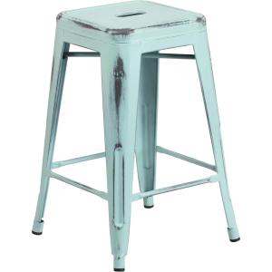 Flash Furniture Kai Commercial Grade 24″ High Backless Black Metal Indoor-Outdoor Counter Height Stool with Square Seat(Distressed Green-blue)