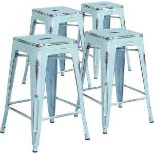 Flash Furniture Kai Commercial Grade 24″ High Backless Black Metal Indoor-Outdoor Counter Height Stool with Square Seat(Green-blue)