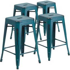 Flash Furniture Kai Commercial Grade 24″ High Backless Black Metal Indoor-Outdoor Counter Height Stool with Square Seat(Kelly Blue-teal)