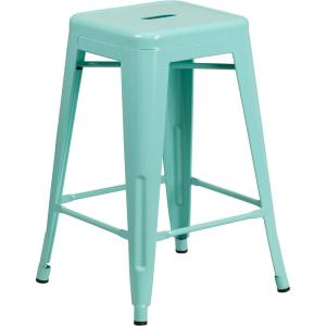 Flash Furniture Kai Commercial Grade 24″ High Backless Black Metal Indoor-Outdoor Counter Height Stool with Square Seat(Mint Green)
