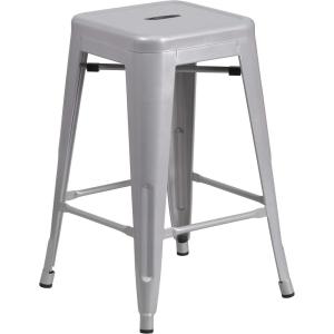 Flash Furniture Kai Commercial Grade 24″ High Backless Black Metal Indoor-Outdoor Counter Height Stool with Square Seat(Silver)