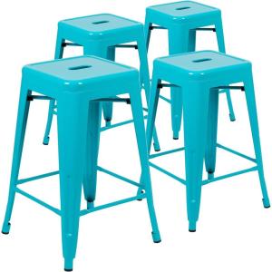 Flash Furniture Kai Commercial Grade 24″ High Backless Black Metal Indoor-Outdoor Counter Height Stool with Square Seat(Teal)