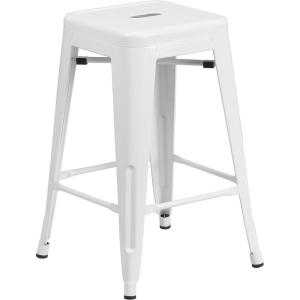 Flash Furniture Kai Commercial Grade 24″ High Backless Black Metal Indoor-Outdoor Counter Height Stool with Square Seat(White)
