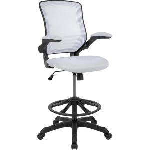 Flash Furniture Kale Mid-Back White Mesh Ergonomic Drafting Chair | Adjustable Foot Ring, Flip-Up Arms(White)