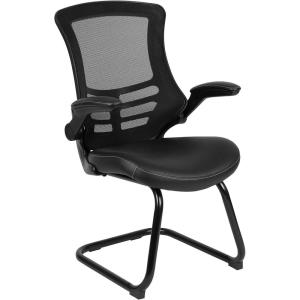 Flash Furniture Kelista Black Mesh Sled Base Side Reception Chair with Flip-Up Arms(Black Leathersoft)
