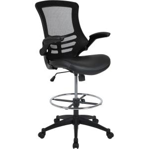 Flash Furniture Kelista Mid-Back White Mesh Ergonomic Drafting Chair | Adjustable Foot Ring, Flip-Up Arms | Comfort and Productivity(Black Leathersoft/Mesh)