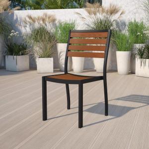 Flash Furniture Lark Outdoor Stackable Side Chair with Faux Teak Poly Slats, Set of 2(Teak)