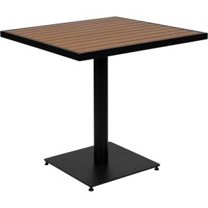 Flash Furniture Lark Outdoor Steel Dining Table – Faux Teak Poly Slatted Top – Commercial Grade Dining Table with Black Frame – 35″ Square – Umbrella Holder Hole(Teak)