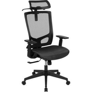 Flash Furniture Layla Ergonomic Mesh Office Chair with Synchro-Tilt, Pivot Adjustable Headrest, Lumbar Support, Coat Hanger and Adjustable Arms in Black