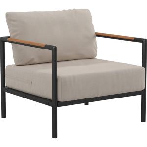 Flash Furniture Lea Indoor/Outdoor Patio Chair with Cushions – Modern Aluminum Framed Chair with Teak Accented Arms, Black with Charcoal Cushions(Beige)