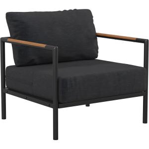 Flash Furniture Lea Indoor/Outdoor Patio Chair with Cushions – Modern Aluminum Framed Chair with Teak Accented Arms, Black with Charcoal Cushions(Charcoal)