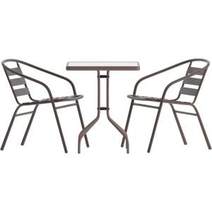 Flash Furniture Lila 23.5” Square Glass Metal Table with 2 Black Metal Aluminum Slat Stack Chairs(Bronze)