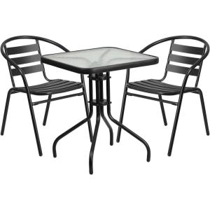 Flash Furniture Lila 23.5” Square Glass Metal Table with 2 Black Metal Aluminum Slat Stack Chairs(Clear/Black)