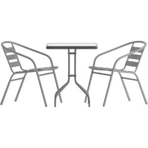 Flash Furniture Lila 23.5” Square Glass Metal Table with 2 Black Metal Aluminum Slat Stack Chairs(Silver)