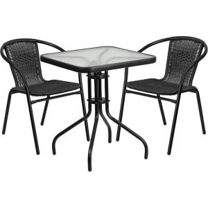 Flash Furniture Lila 23.5” Square Glass Metal Table with 2 Black Rattan Stack Chairs