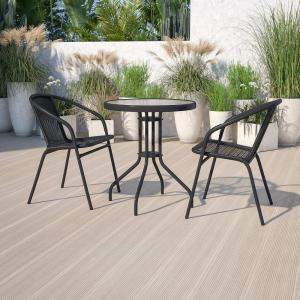 Flash Furniture Lila 23.75” Round Glass Metal Table with 2 Black Rattan Stack Chairs