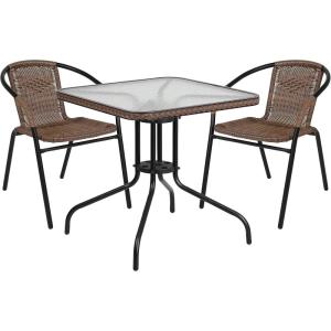 Flash Furniture Lila 3-Piece 28″ Square Indoor/Outdoor Patio Table and Chairs Set, Glass Metal Bistro Table and 2 Stacking Rattan Chairs, Brown(Clear/Dark Brown)