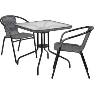Flash Furniture Lila 3-Piece 28″ Square Indoor/Outdoor Patio Table and Chairs Set, Glass Metal Bistro Table and 2 Stacking Rattan Chairs, Brown(Clear/Gray)