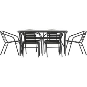 Flash Furniture Lila Commercial 7-Piece Outdoor Dining Set, Tempered Glass Patio Table with Umbrella Hole, 6 Triple Slat Chairs, 60″, Black