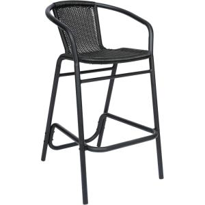 Flash Furniture Lila Commercial Grade Rattan Indoor-Outdoor Commercial Restaurant Barstool – Rattan Seat and Back – Footrest – Medium Brown – 4 Pack(Black)