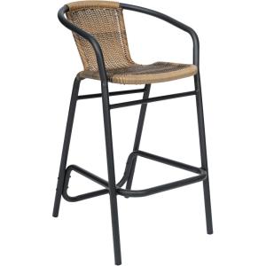 Flash Furniture Lila Commercial Grade Rattan Indoor-Outdoor Commercial Restaurant Barstool – Rattan Seat and Back – Footrest – Medium Brown – 4 Pack(Medium Brown)