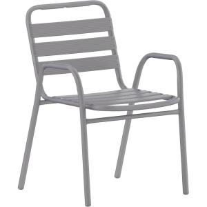 Flash Furniture Lila Commercial Restaurant Stack Chair with Triple Slat Back and Arms, Indoor-Outdoor Dining Chair, Silver(Silver)