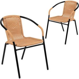 Flash Furniture Lila Modern Rattan Indoor/Outdoor Stackable Dining Chairs, Stacking Rattan Bistro Chairs for Patio or Restaurant, Set of 2, Brown(Beige)