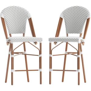 Flash Furniture Lourdes Commercial Grade Bistro Counter Stool, Stackable Indoor/Outdoor Dining Stool, 26″High, Natural/White-Light Natural Finish, Set of 2(White & Gray/Natural Frame)