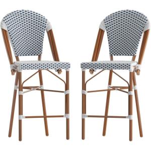 Flash Furniture Lourdes Commercial Grade Bistro Counter Stool, Stackable Indoor/Outdoor Dining Stool, 26″High, Natural/White-Light Natural Finish, Set of 2(White & Navy/Natural Frame)
