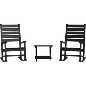 Flash Furniture Manchester Commercial 3-Piece Rocking Chairs/Table Set, 2 Contemporary Rocking Chairs, End Table, HDPE Construction, All-Weather Use, Black(Black)