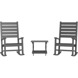 Flash Furniture Manchester Commercial 3-Piece Rocking Chairs/Table Set, 2 Contemporary Rocking Chairs, End Table, HDPE Construction, All-Weather Use, Black(Grey)