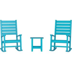 Flash Furniture Manchester Commercial 3-Piece Rocking Chairs/Table Set, 2 Contemporary Rocking Chairs, End Table, HDPE Construction, All-Weather Use, Blue