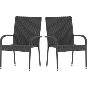 Flash Furniture Maxim Wicker Indoor/Outdoor Dining Chairs with Arms – Espresso Wicker Wrapped Steel Frames – Fade & Weather Resistant-For Deck or Backyard – Set of 2(Grey)