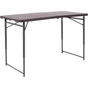Flash Furniture Mills 4-Foot Height Adjustable Bi-Fold Brown Wood Grain Plastic Folding Table with Carrying Handle(Brown)