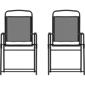 Flash Furniture Mystic Folding Patio Sling Chairs, Outdoor Textilene Lawn Chairs with Armrests, Set of 2, Gray(Black)
