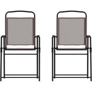 Flash Furniture Mystic Folding Patio Sling Chairs, Outdoor Textilene Lawn Chairs with Armrests, Set of 2, Gray(Brown)