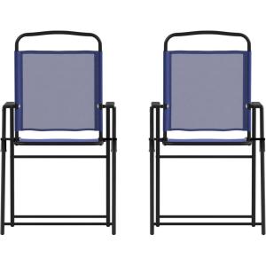 Flash Furniture Mystic Folding Patio Sling Chairs, Outdoor Textilene Lawn Chairs with Armrests, Set of 2, Gray(Navy)