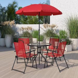 Flash Furniture Nantucket 6 Piece Red Patio Garden Set with Table, Umbrella and 4 Folding Chairs(Red)